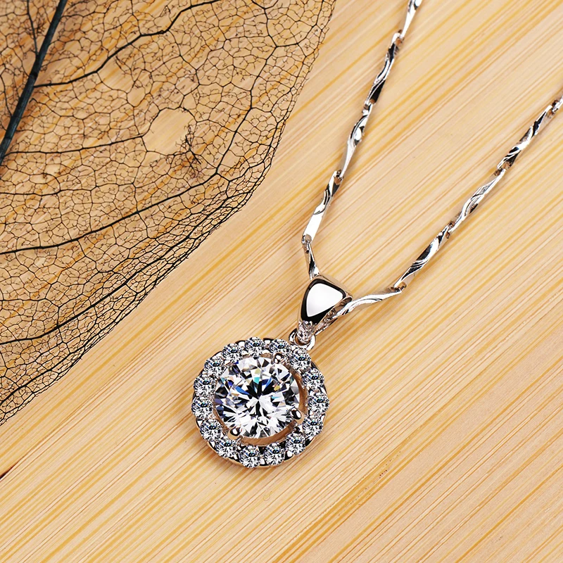 

Trendy Round Lab Diamond Pendant Real 925 Sterling Silver Party Wedding Pendants Chain Necklace For Women Bridal Charm Jewelry