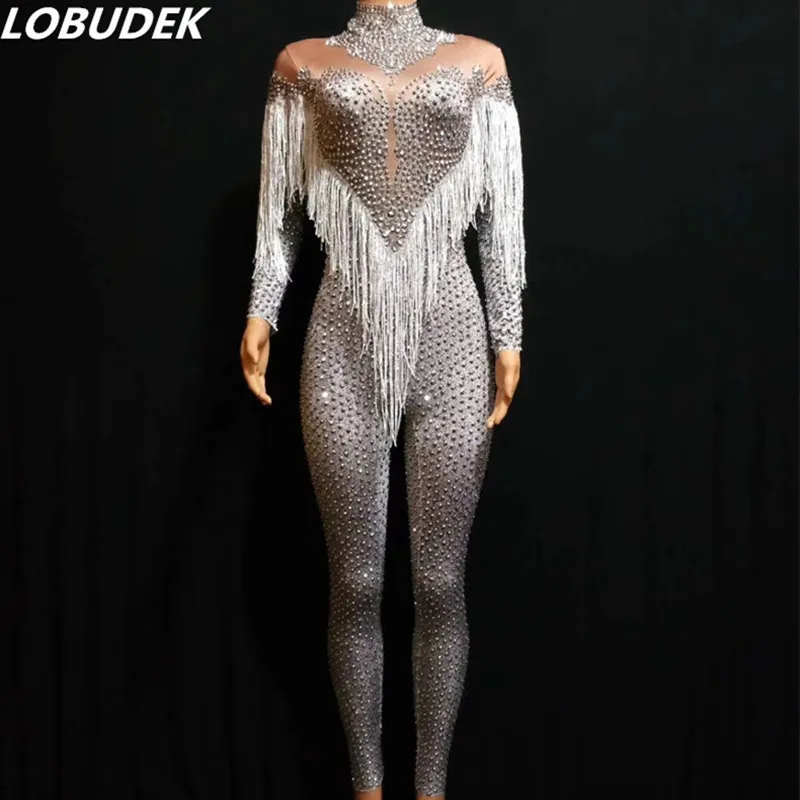Высококачественный комбинезон Стразы с бахромой Эластичные Обтягивающие