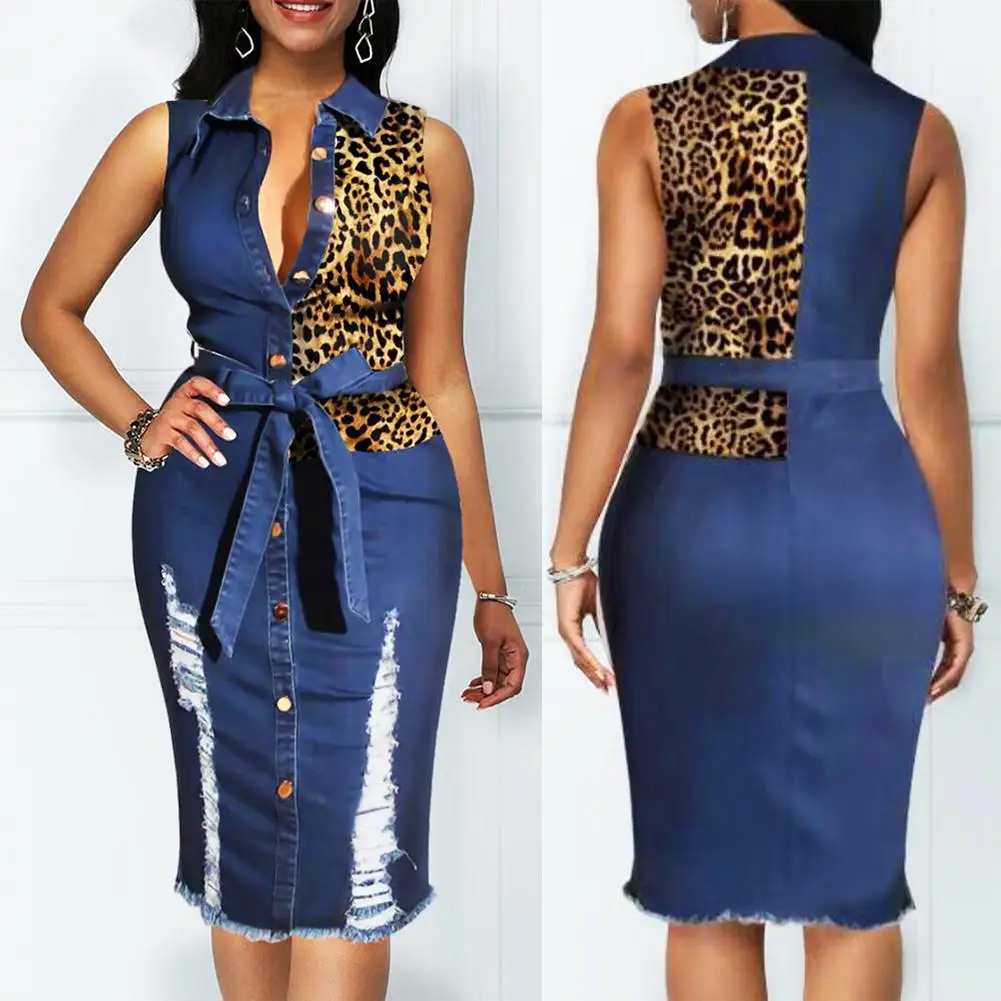 

Leopard Patchwork Denim Midi Dress Women Sleeveless Turn Down Collar Office Lady Pencil Dresses Female Spring Summer Jeans Dress