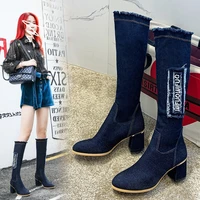 2021 new spring and autumn cowboy round toe mid heel square heel womens knee length boots