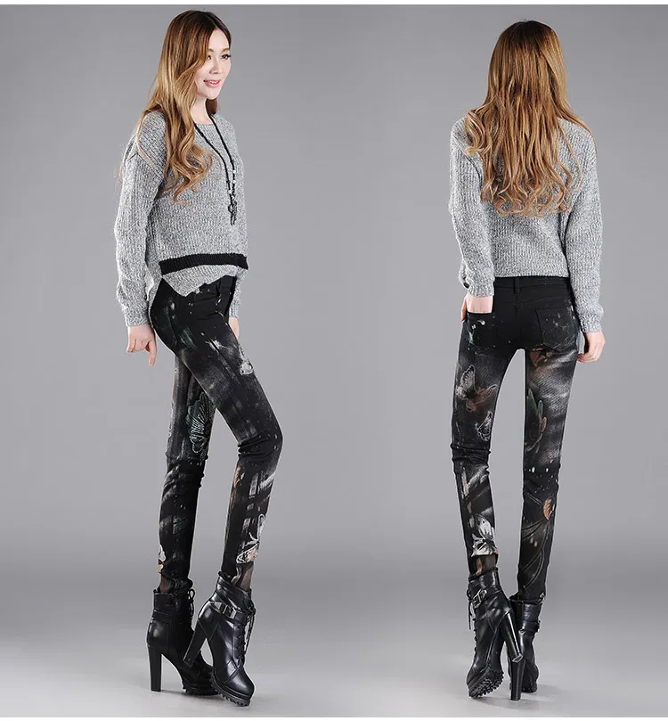 High Street, женские уличные джинсы, женская мода, крутая красота, рисунок головы, принт, средняя талия, женские джинсы, джинсовые штаны-карандаш для девушек