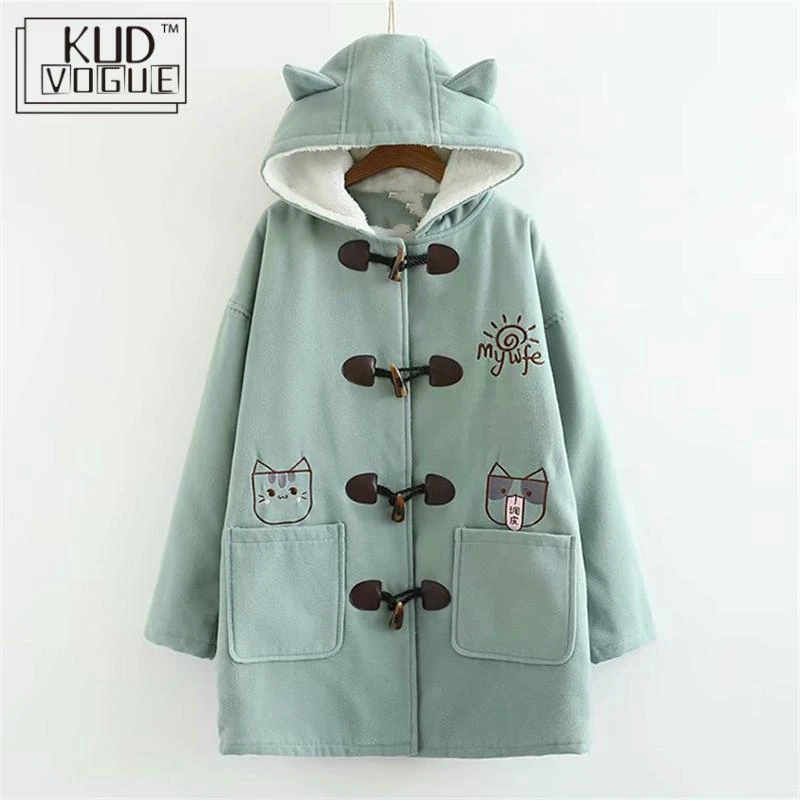 Японская теплая зимняя куртка с капюшоном для девочек длинное пальто мультяшным