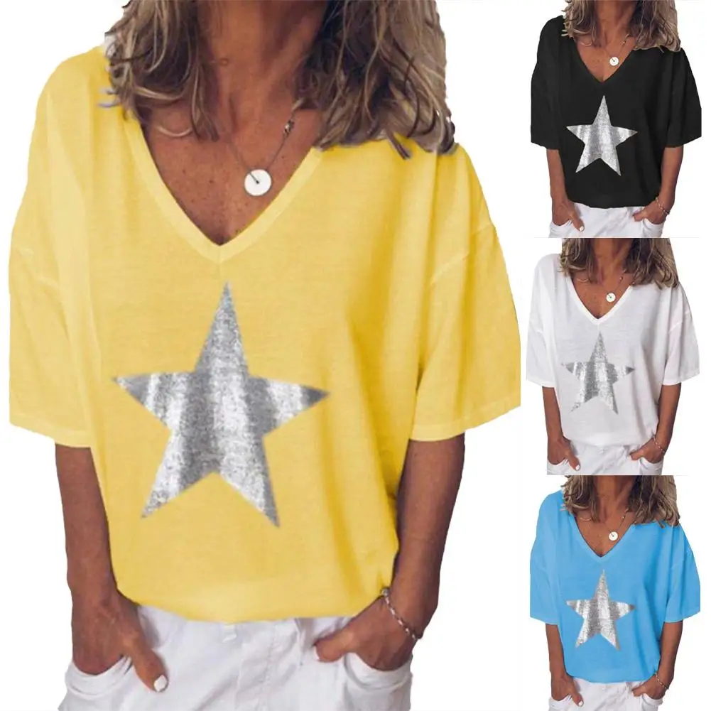 

2021 Plus Size Summer Women Blouses Star V Neck Polyester Short Sleeve Shirt Solid Color Loose Top Women's Clothing Street Wear