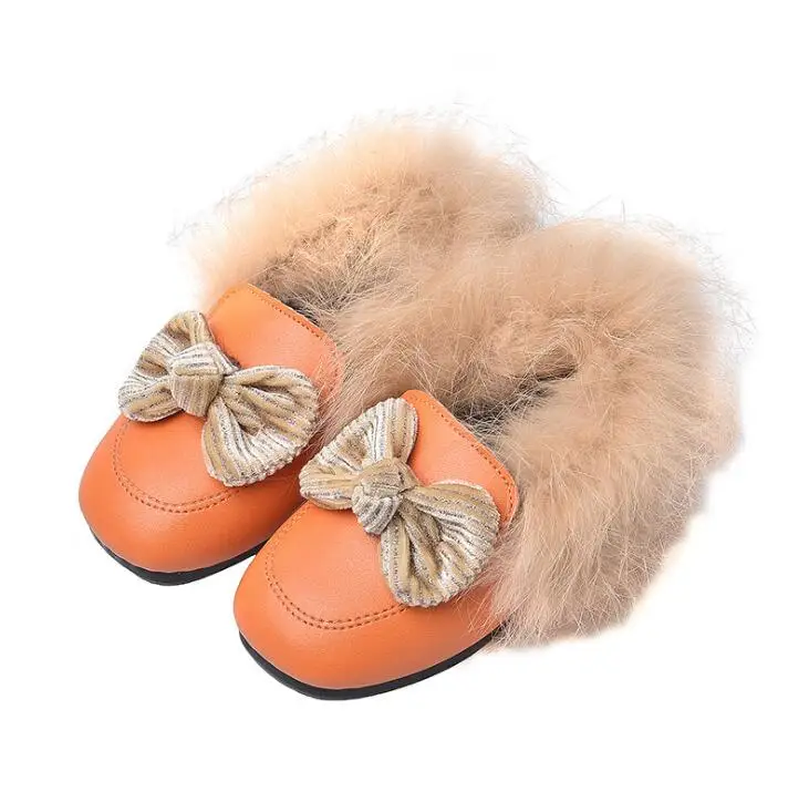 Детские кожаные туфли с бантом и теплым хлопком лоферы на толстой мягкой меховой