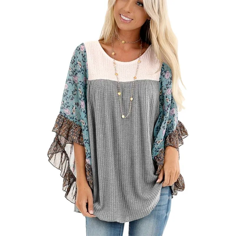 

Women's Sweatshirt sweater Casual Bat Sleeve Printed Stitching Knitted Shirt Autumn Loose Long Sleeve Shirt Plus Size S-5XL