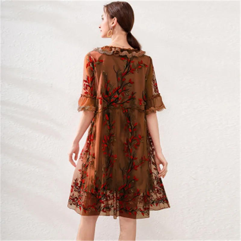 

2021 Women's Summer Dress Loose Large Size V-neck Fat mm Loose Show Thin Embroidery Lace Dress Vestido Robe Feminine XL-5XL