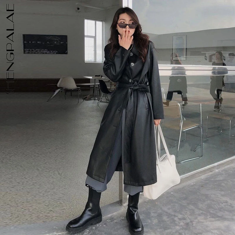 

SHENGPALAE, однотонная уличная одежда, плащ из искусственной кожи, Женская Осенняя коллекция 2021 года, новая модель, на шнуровке, на талии, с длинны...