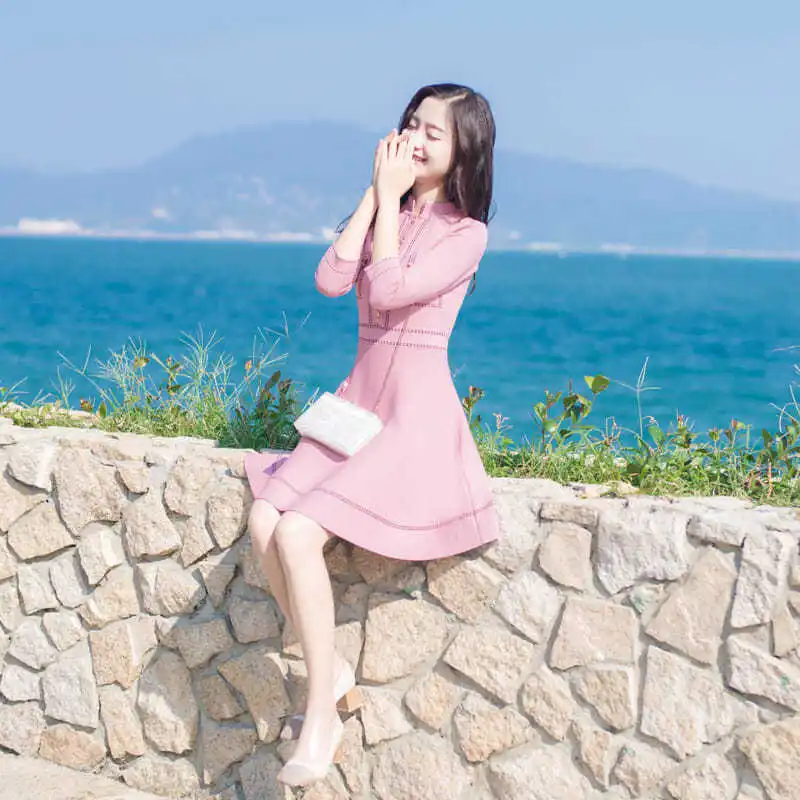

Spring and autumn new fashion skirt gentle wind single breasted waist show thin wool dress early spring knitted dress