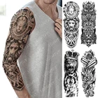 Татуировка с большими рукавами, Корона Льва, волк, король, водостойкая наклейка временная татуировка, часы с розами, воин, боди-арт, полностью поддельная татуировка