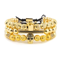 3pcsset luxury men bracelet king crown pattern stainless steel beads cz skull ball mens bracelets bangles for men jewelry