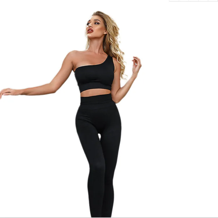 

2021 new yoga sports suit slant shoulder running suit women's solid color
