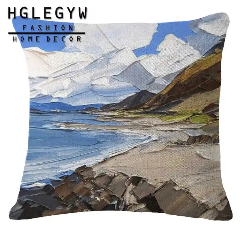 

Oil Painting Sea Scenic Pillow Case Throw Pillowcase Cotton Linen Printed Pillow Covers for Office Home Sofa Waist Cushion Cover