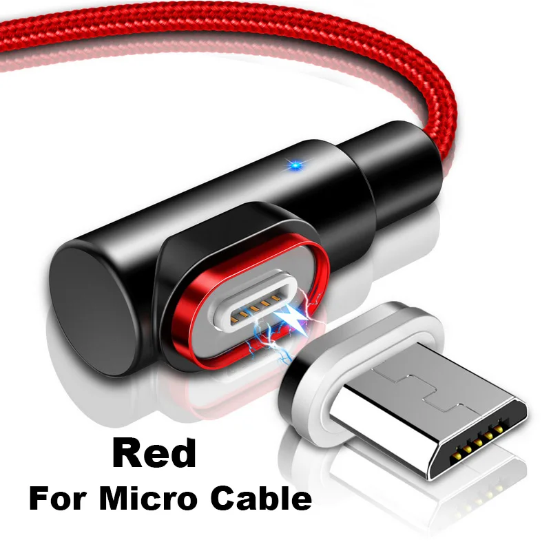 Магнитный usb-кабель для зарядки, 90 градусов, 3 А, быстрая зарядка, Micro usb type C, зарядное устройство для телефона, адаптер, освещение для iPhone, Xiaomi, USBC, провод - Цвет: For Micro Red