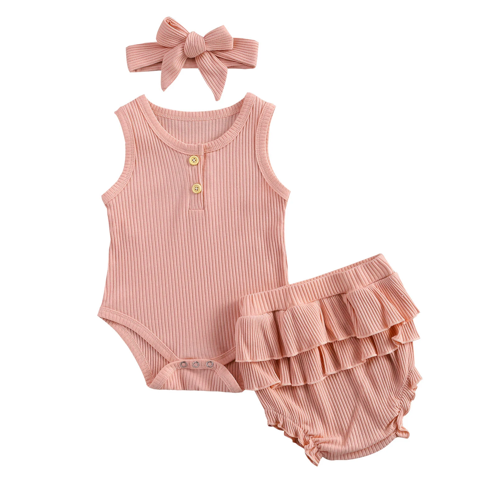 

Three Piece Baby Girls Clothes Fresh Solid Color Sleeveless Jumpsuit and Ruffles Short Pants with Headband