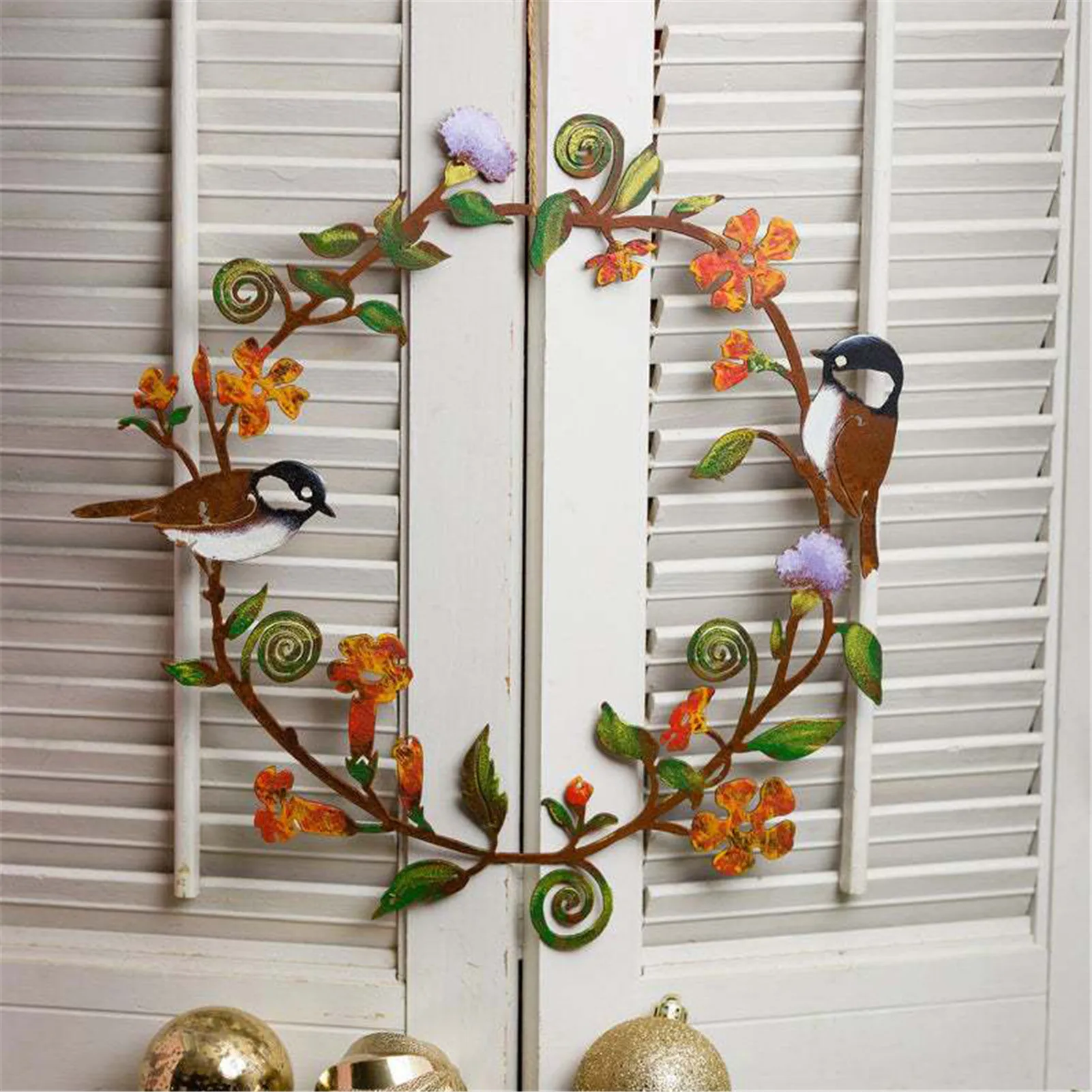 

Chickadees Flower Wreath Wall Art Porch Window Bird Hanging Decor