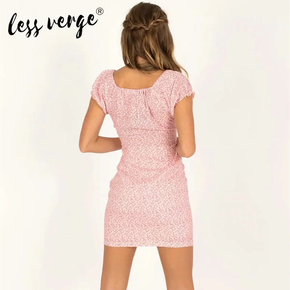 

Lessverge New In Women Vintage Dress Short Sleeve Bodycon Floral Print Mini Dress Off Shoulder Summer Pink Dress Holiday Dress