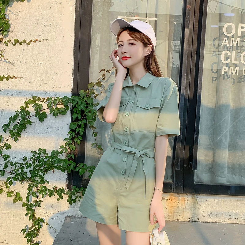 

Casual Short-sleeved Solid Turn-down Collar Women 2021 Summer Trousers Womens Chic Street-wear Defined Waist Slim Jumpsuit Women