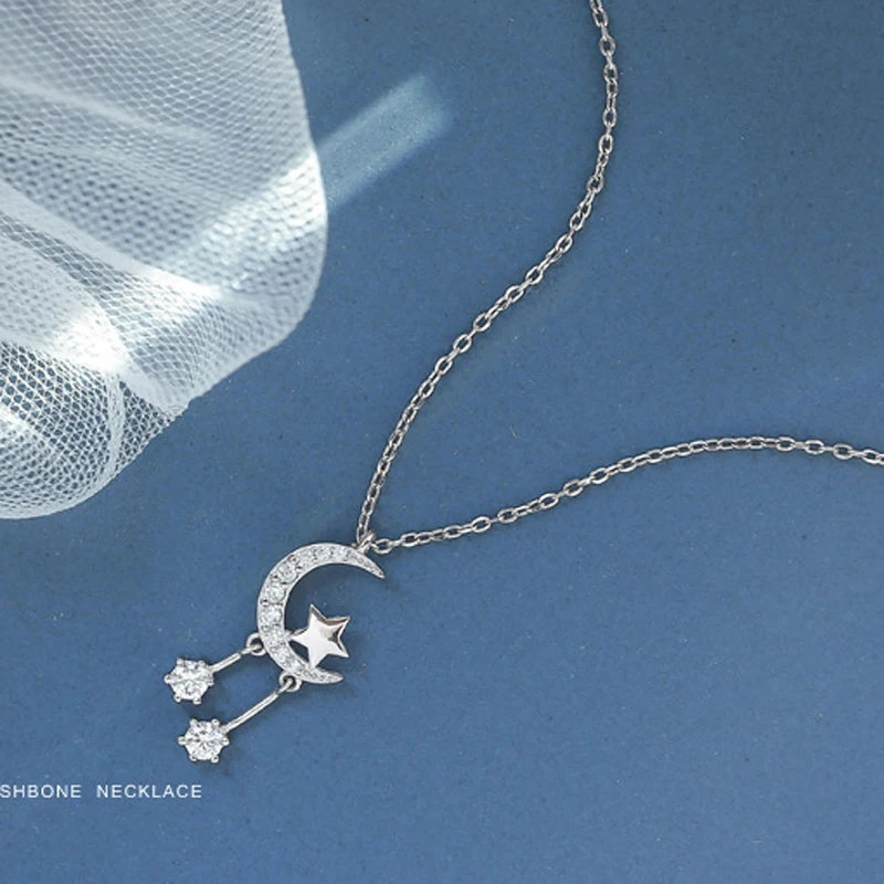 

Женский Серебряный Подвески из ожерелья из циркона с полумесяцем и звездой, Изящные Ювелирные изделия из серебра 925 пробы, ошейник с цепочко...