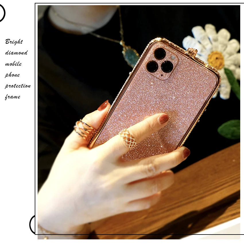 

Glitter Diamond Aluminum Metal Bumper Case For iPhone 11 Pro MAX XS XR SE2 7 8 Plus Luxury Case Tempered Glass Protector Film