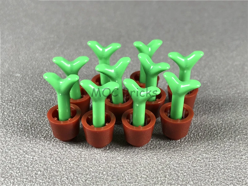 20 шт./лот MOC Кирпичи DIY растения темно красный горшок с ярко зелеными бутонами