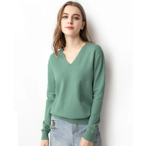 Женский трикотажный пуловер, однотонный длинный Повседневный джемпер с длинным рукавом и v-образным вырезом, осень 2021