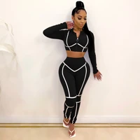 two piece set female zip up crop top high waist pants matching sets gym sportswear jogger tracksuits slim outfits