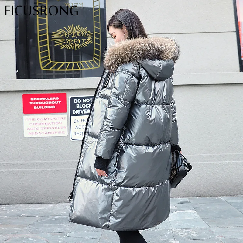 

FICUSRONG Causal Glossy Silver Down Jackets Winter Women's Long Fur Collar Hooded Coat Parkas Thick Winter Jacket Women Outwear