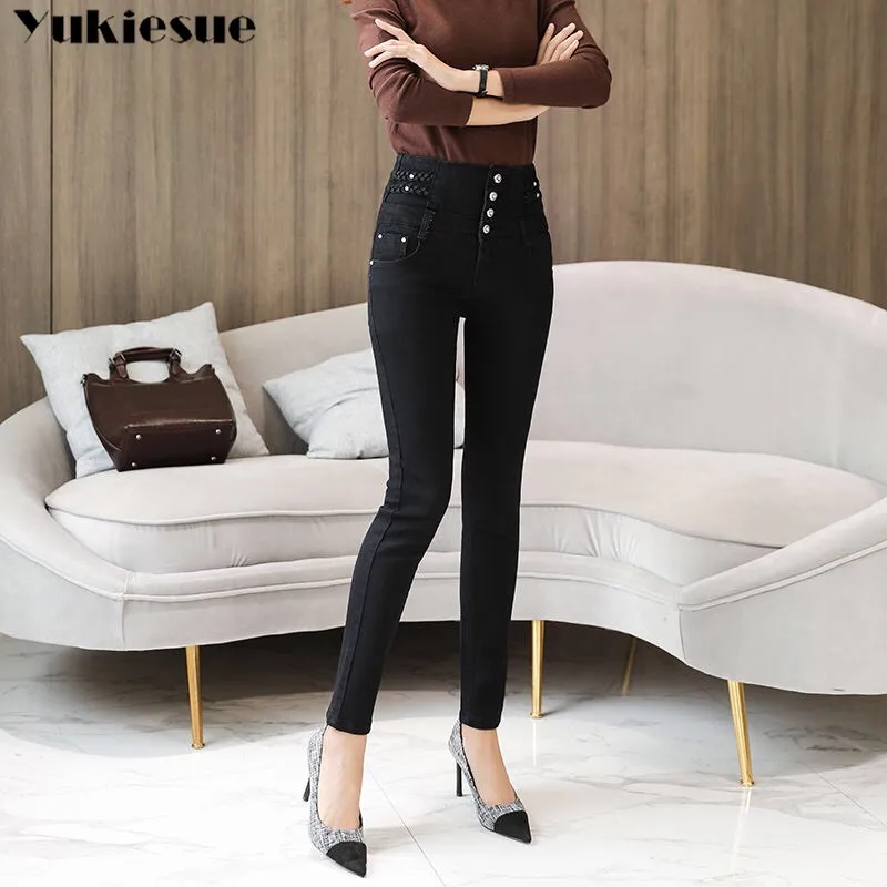 2020 зимние теплые толстые женские джинсы с высокой талией узкие для мам черного