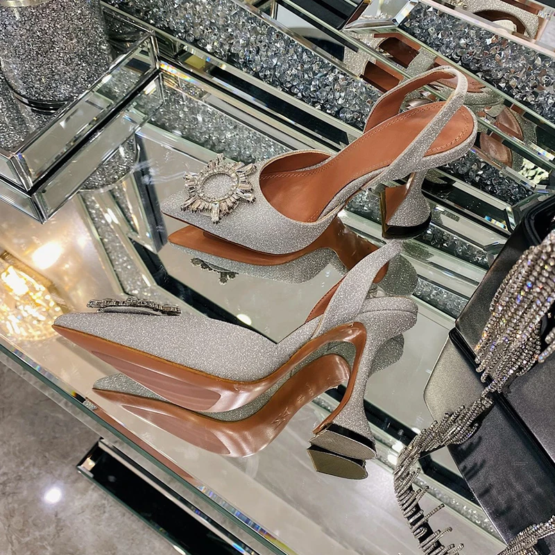 

2021 Luxury Brand Women Crystal Slingback High heels Summer Bride Shoes Triangle Heeled Party Wedding Shoes Real Leather Pumps