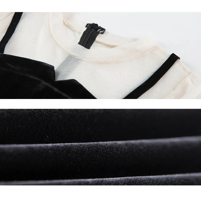 

Vintage Lantern Sleeve Dresses Women Mesh Patchwork Dress Female Sexy Dress