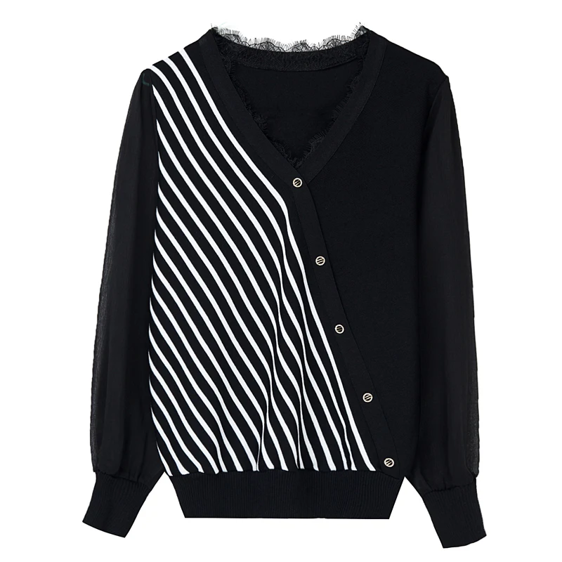 

Stripe Women's Sweater New 2021 Autumn Spring Causal Pullovers Women Clothes Lace V Neck Jumper Long Sleeve Sweater For Woman