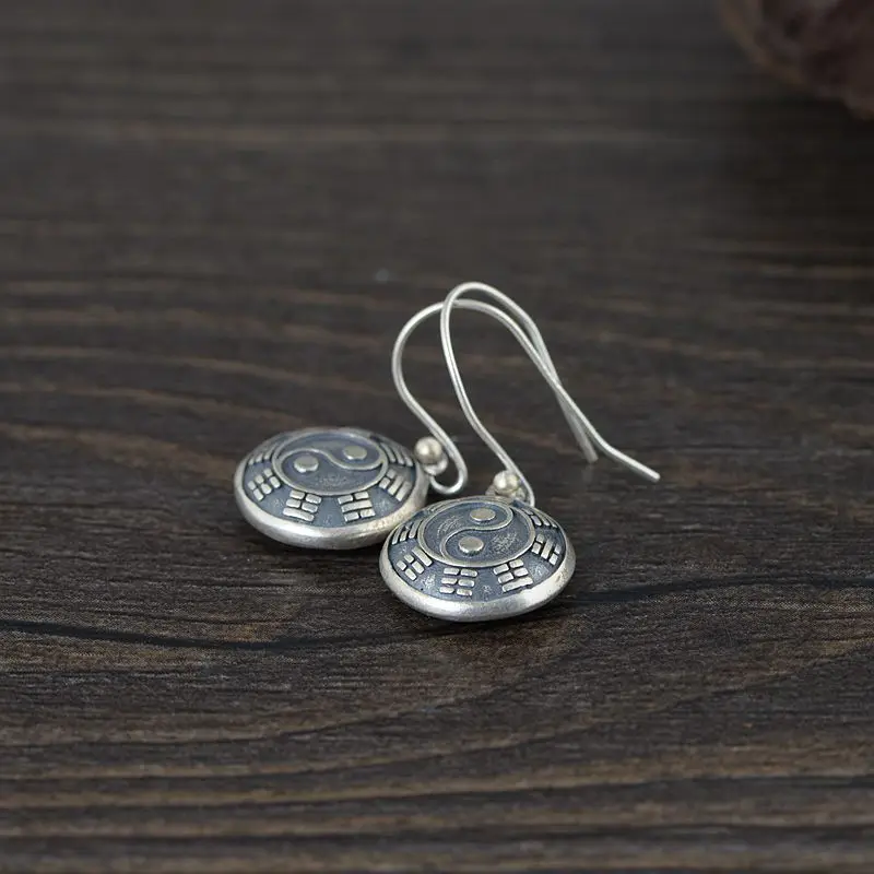 

FNJ Round Bagua Earrings 925 Silver Original Pure S925 Sterling Silver Drop Earring for Women Jewelry