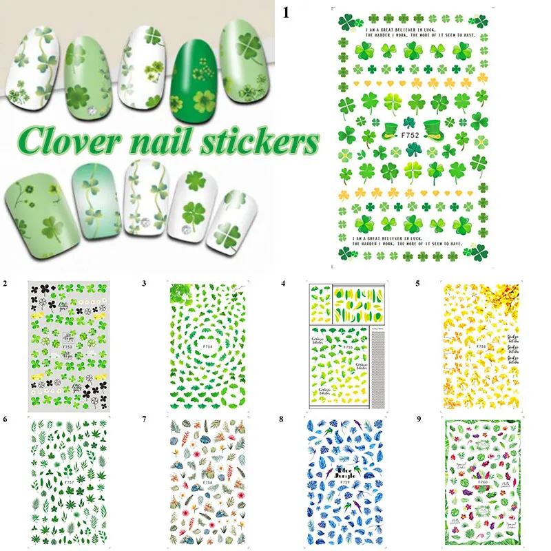 

New 3D Holographic Nail Art Foils Stickers Four Leaf Clover Lucky Green Sliders For Nail Design Manicure Girls Nail Decorations