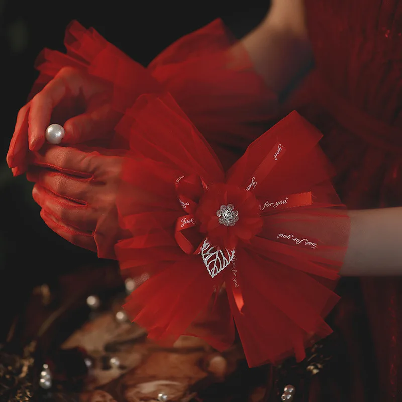 

Red Bride Wedding Gloves Beige Short Design Tulle Red Transparent Women Gloves UV-Proof Summer Women Fishnet Mitten