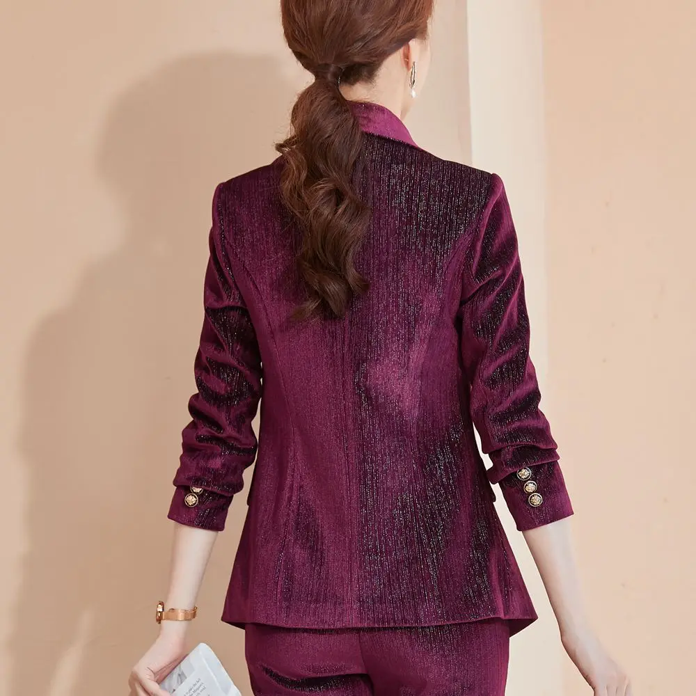 Jacket and Pants Set 2 pieces women's suit coat and trousers women's blue velvet autumn winter office work suit