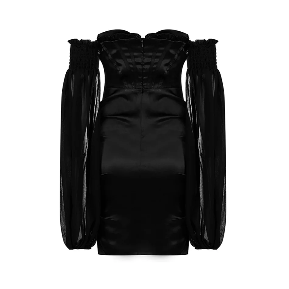 

2021 Summer New Women's Dress Sexy Off-Shoulder Long Sleeve Perspective Pleated Mini Club Celebrity Party Dress