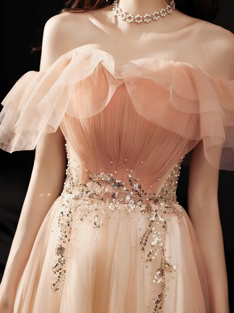 

New pink long lady girl women princess banquet bridesmaid performance dance ball prom dress gown free ship