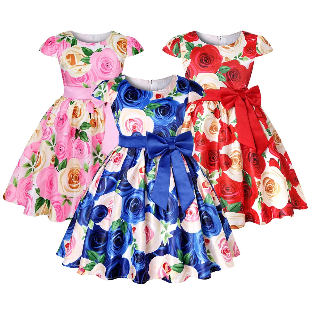 Summer Girls Rose Print Dress princess Wedding Birthday Party Frocks Satin Butterfly Printed vestidos For 3 4 5 6 7 8 Yrs | Детская