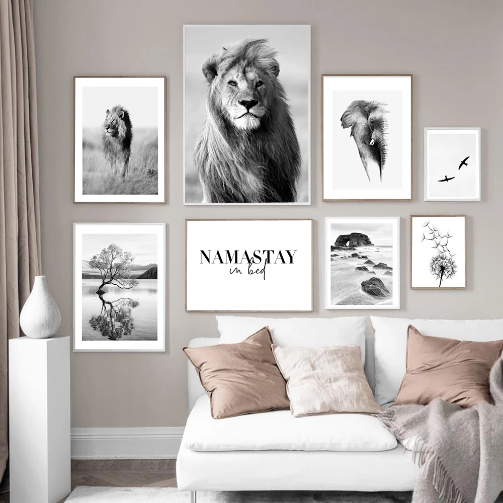 

Scandinavian Nature Landscape Canvas Painting Black White Lion Tree Wall Art Poster Home Decoration Nordic Print Modern Pictures
