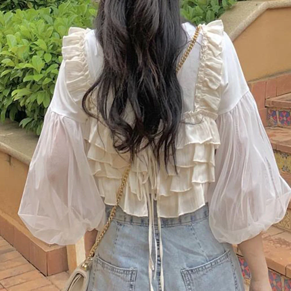 

Japan Style T-Shirt Spring Summer Korean Fashion Temperament Loose Casual Simple Cute Net Splicing Round Neck Lantern Sleeve