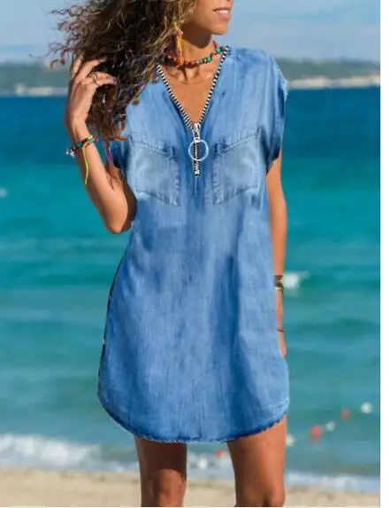 

Fashion Retro Women Denim Zipper Dress Casual V Neck Loose Solid Short Sleeve Mini Dress Elegant Button Pocket Shirt Party Dress