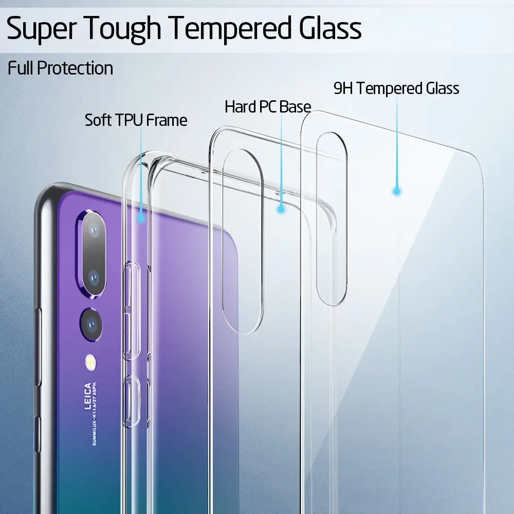 ESR Кристальный чехол из закаленного стекла для телефона huawei P20 полное заднее покрытие для huawei P20 Pro TPU Мягкий край силиконовый стеклянный чехол s Coque