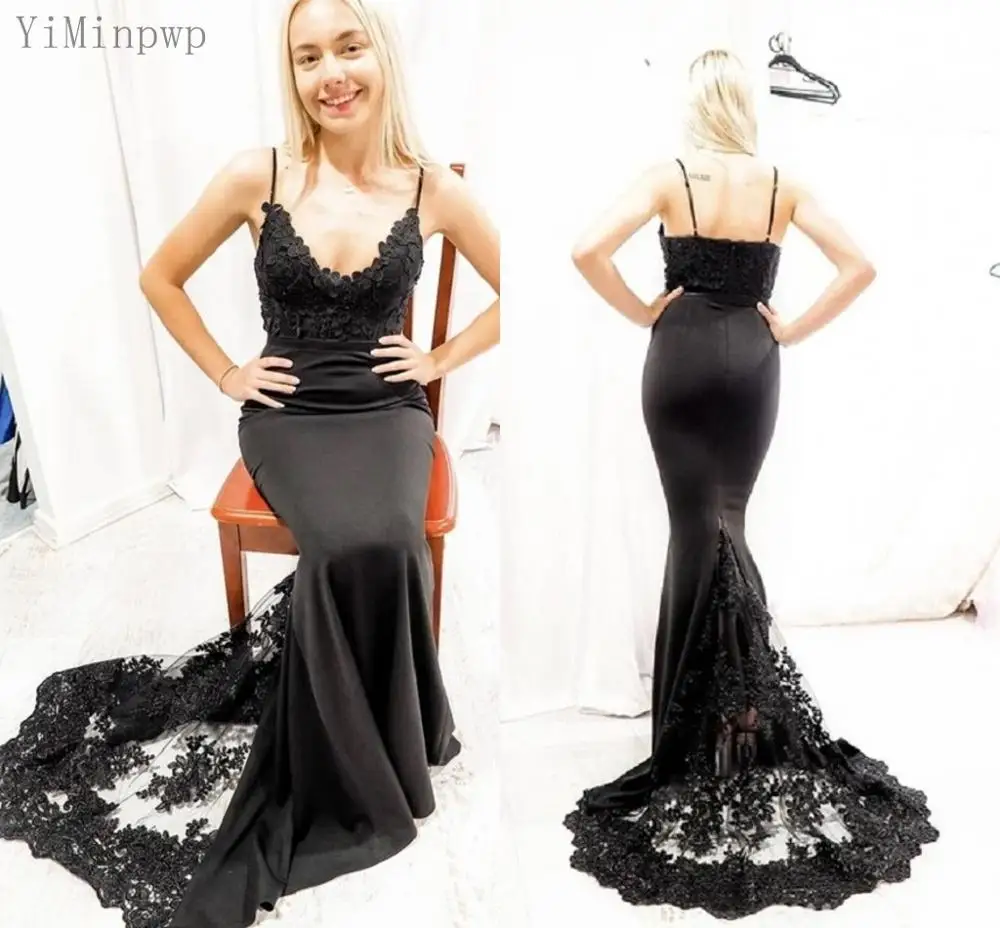 

YiMinpwp Black Mermaid Prom Dresses Spaghetti Sweep Train Appliques Long Formal Women Evening Party Gowns for Special Occasions