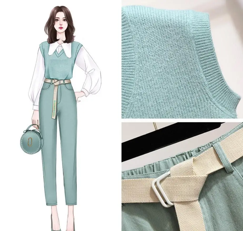 

Autumn Woman 3 Pieces Sets Long Sleeve White Shirt+Vest+Long Trousers Suits With Belt Casual 3 Pcs Sets Lady Office Wear Suits