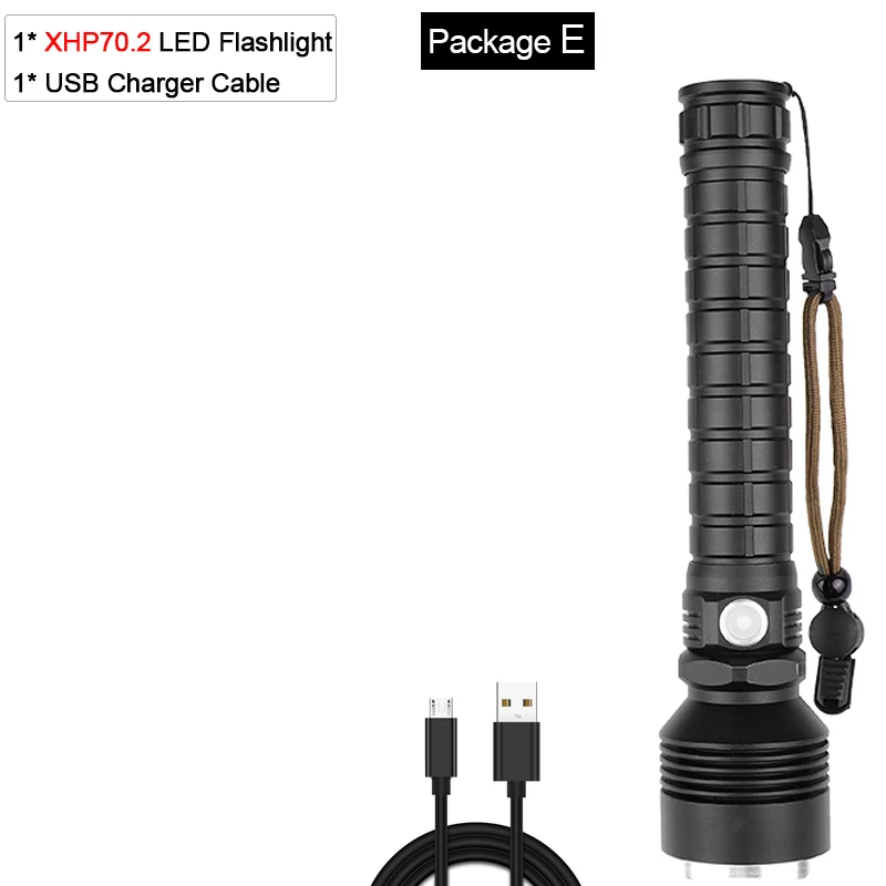Package E Мощный фонарик XHP70.2 Xlamp светодиодный фонарь XHP50 светодиодный фонарь Водонепроницаемый фонарь с увеличением с батареей 18650 - Испускаемый цвет: Package E