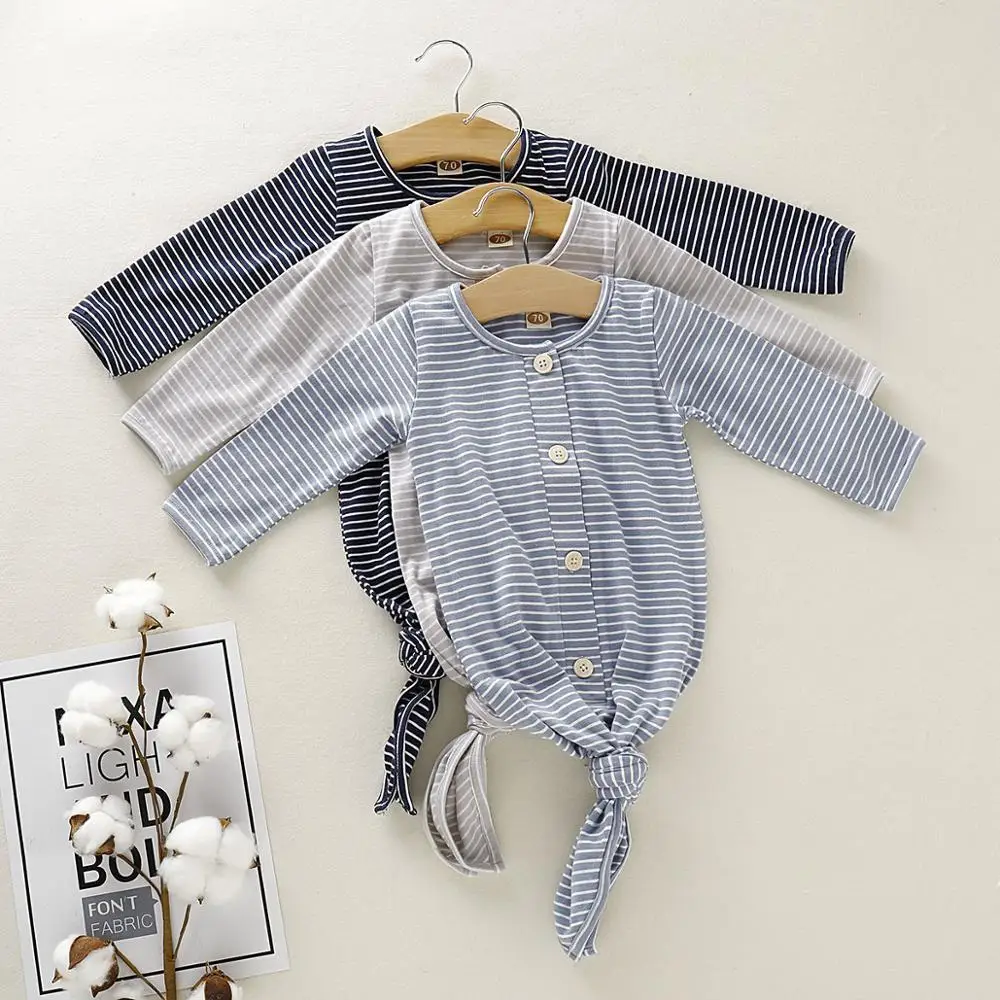 cotton fashion button knot gown baby boys and girls mustard pink mint stripe grey multicolor long sleeve sleeping romper | Мать и ребенок