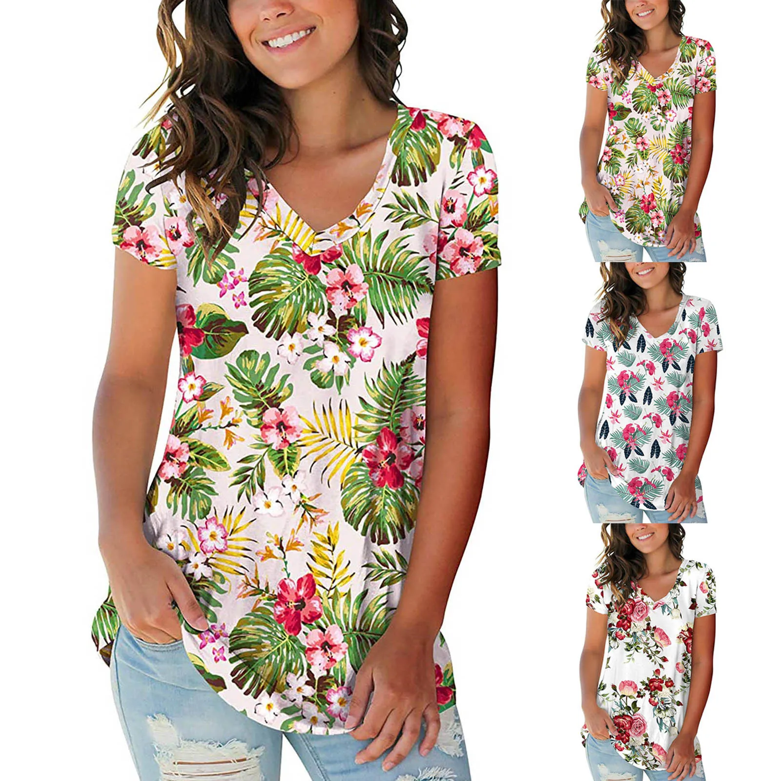 

2021 Top Selling V-neck Neckline Printed Short Sleeve Top Women's T-shirt