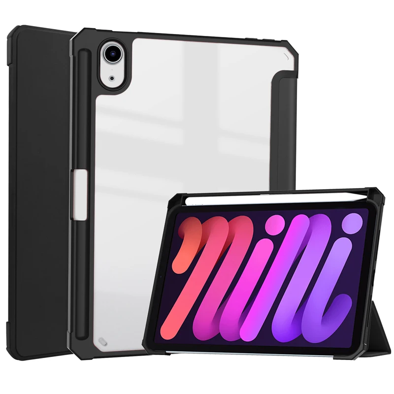 

For iPad Mini 6 Flip Leather Case Shockproof Smart Cover Clear PC Back Cover for iPad Mini6 8.3 6th Generation Case