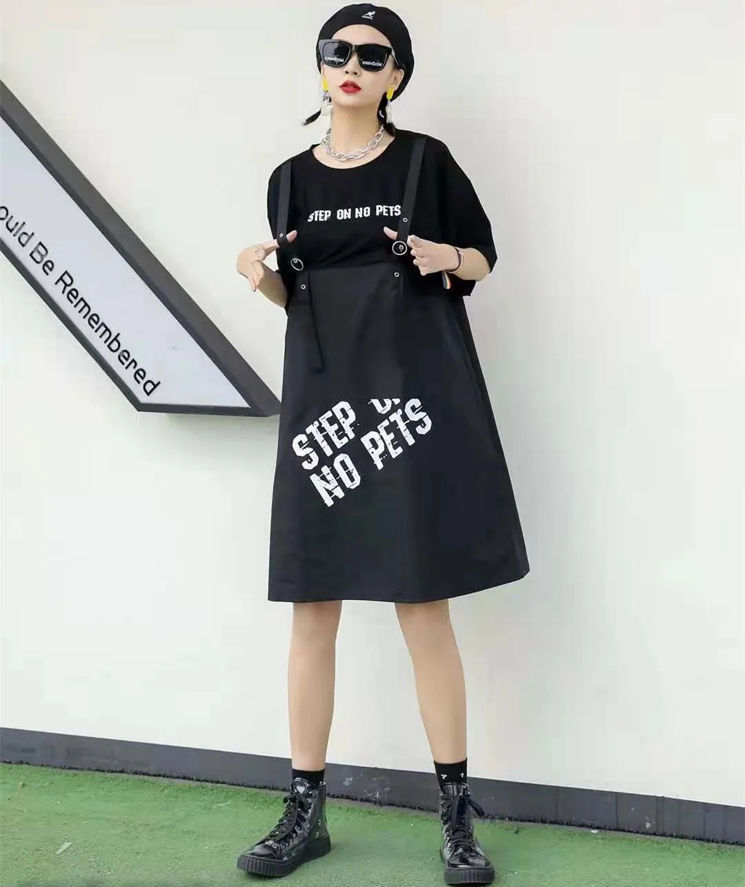 

Vefadisa Letter Printed Patchwork Dress Women 2021 Summer Stitching Color Dress Knee-Length Pullover Dress Loose Black QYF5294