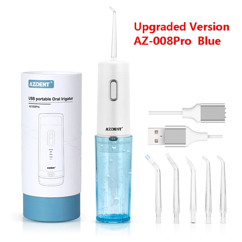 AZ-008Pro Blue AZDENT AZ-008, дорожный ирригатор для полости рта, зубная нить, USB Перезаряжаемый, складной, водонепроницаемый, 4 режима, струя воды, Флоссер, 210 мл, подарок, 5 насадок - Цвет: AZ-008Pro Blue